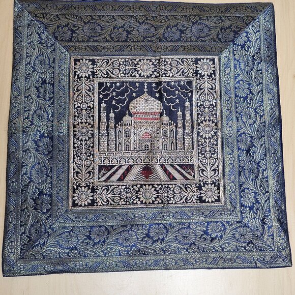 Taj Mahal Embroidered Square Silk Tapestry Pillow Cover17" X 17" Blue & Gold Des - Picture 6 of 8